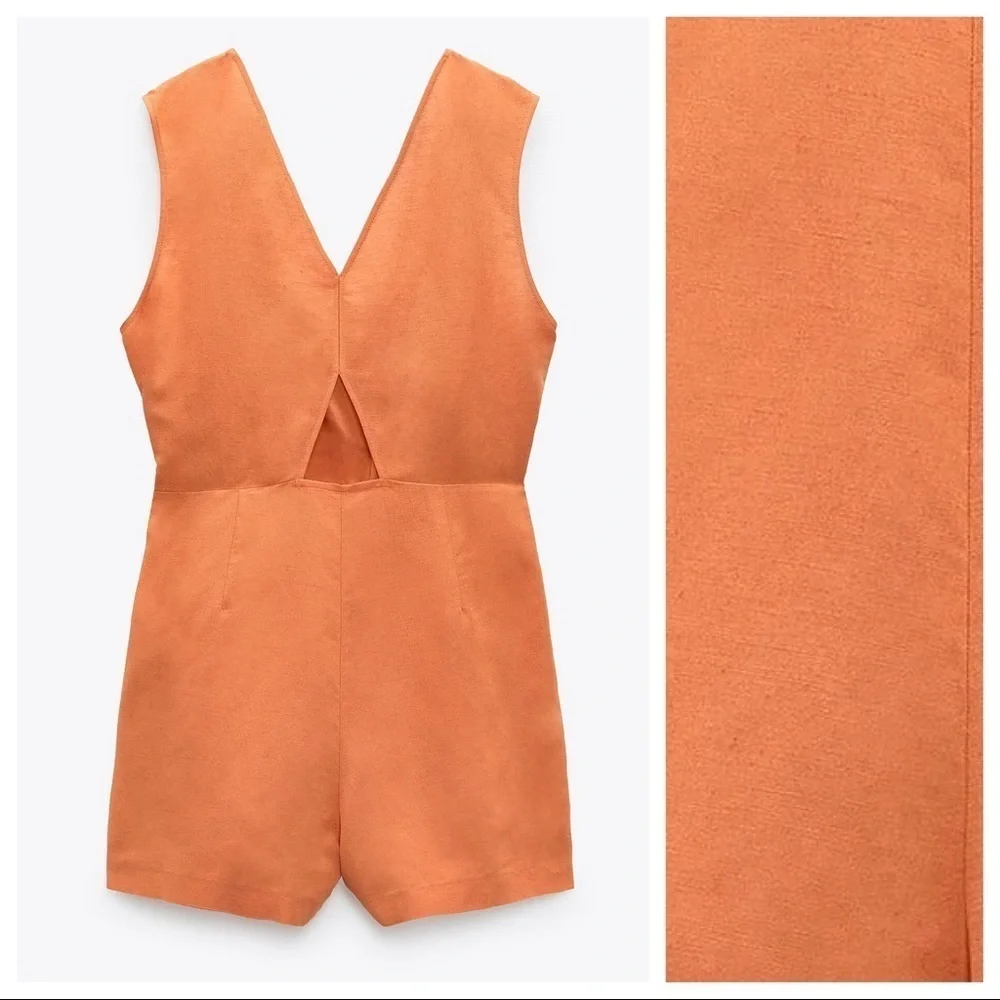 NWT. Zara Orange Crossover Tied Wrap Short Jumpsuit with Bow. Size S.